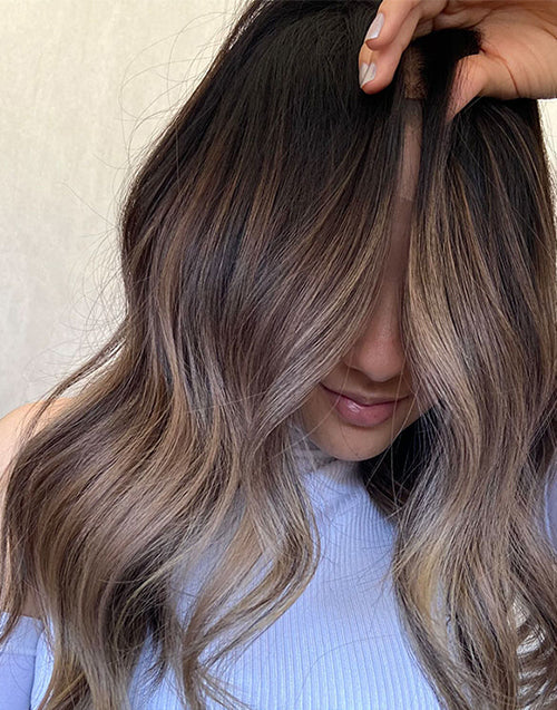 Hedy-Mushroom Brown And Blonde Balayage Wavy 13x4 Lace Front Glueless Wigs Human Hair