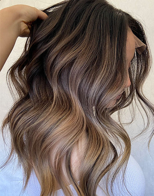 Hedy-Mushroom Brown And Blonde Balayage Wavy 13x4 Lace Front Glueless Wigs Human Hair