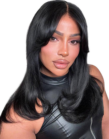 18" Curtain Bangs Wavy Layer Cut Pre Cut 4x4 Lace Wig