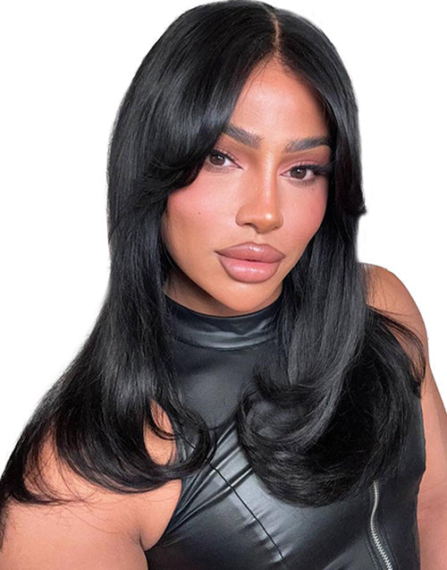 18" Curtain Bangs Wavy Layer Cut Pre Cut 4x4 Lace Wig