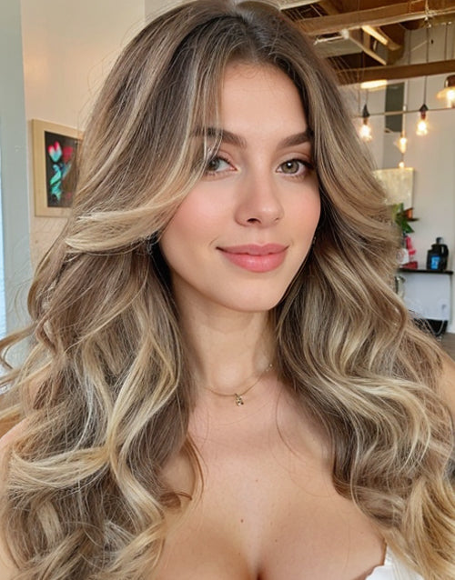 Rose-Brown Ash Blonde Highlights Wavy 13x4 Lace Frontal Wig Pre Plucked Human Hair Wigs