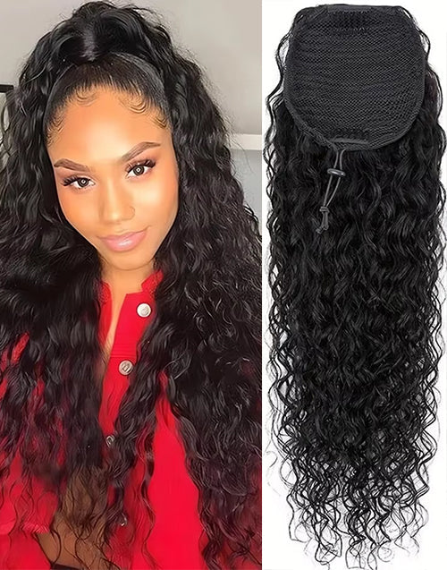 Water Wave Drawstring Ponytail Human Hair Clip in Hair Extension Ponytail For Women