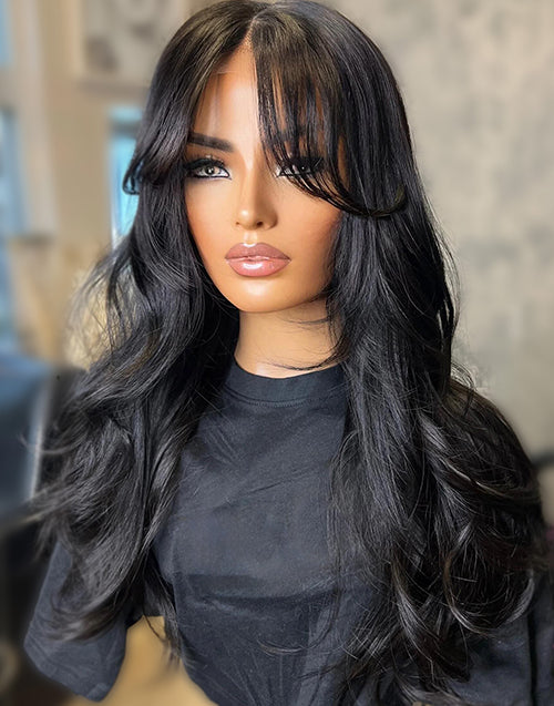 Wavy Layer Haircut Wig With Curtain Bangs Pre Cut Lace Glueless Human Hair Wig