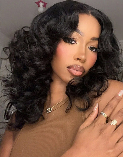 Pull Go Curtain Bangs Bouncy Wavy 6x5 Pre Cut Lace Wig [Medium Cap]