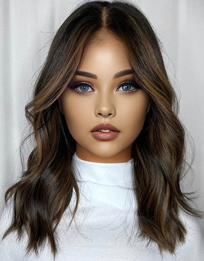 Jovi-Highlight Chocolate Brown Wavy Lace Front Wig Glueless Wig For Women Human Hair