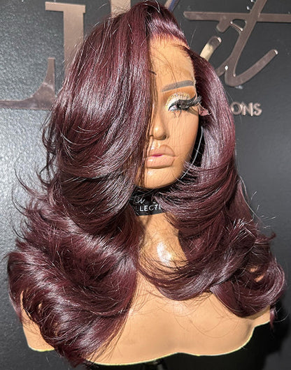 18" Burgundy Layered Slay Wavy 13x5 Pre Cut Lace Wig