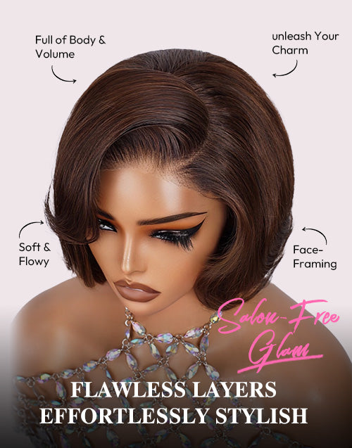Chocolate Brown/Black Chic & Natural Layered Bob 6x5 Lace Glueless Pull Go Wig Pre-Cut Lace