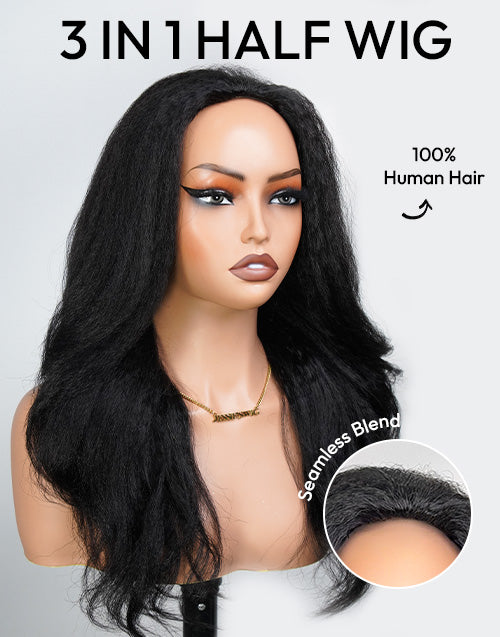 22" Kinky Straight Wave Half Wig Human Hair Blow Out Style 1 Wig 3 Different Looks
