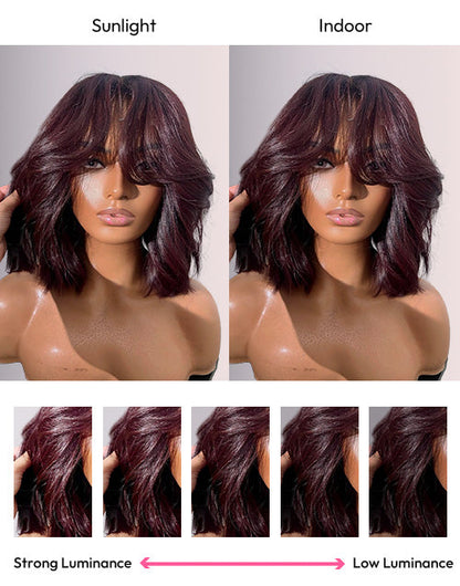 Pandora- Glueless Pull Go Wig 99J Red Wavy Short Blunt Cut Bob Style With Curtain Bangs For Women