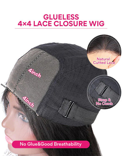 Glueless Straight 4x4 Pre Cut Lace Wig Bleached Knots Human Hair Super Deal