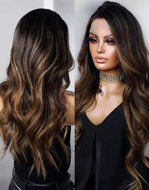 Roma- Mushroom Brown Balayage Wavy Glueless Wig For Women 13x4 Lace Human Hair