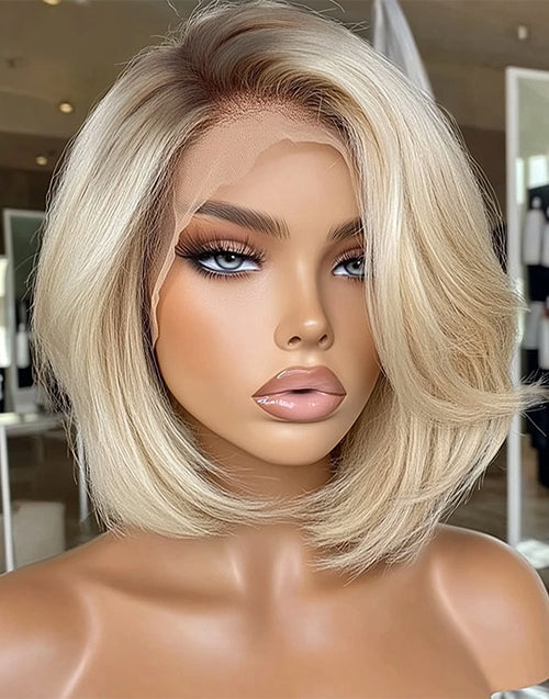 Zeki-Dark Root Ombre Ash Blonde Straight Layer Cut 13x4 Lace Front Bob Wig High Quality Human Hair