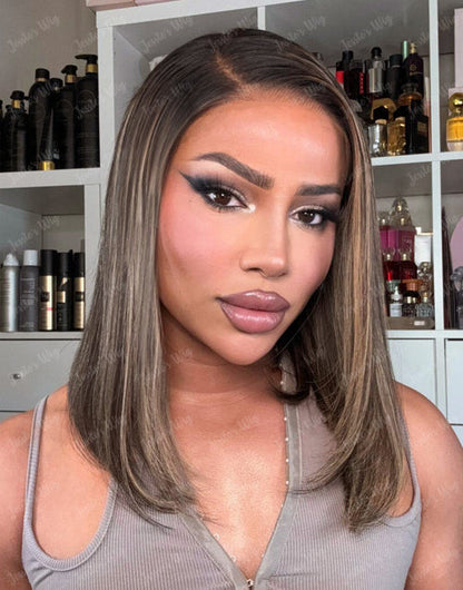 Valerie- Highlights Honey Short Asymmetric Bob Straight Layer Cut 13x5 Pre Cut Lace Wig Glueless Wig Human Hair