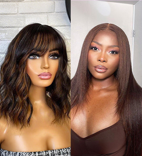 16" Brown Straight 9x6 Pre Cut Lace Wig+12" Highlight Brown Bob Wavy 13x5 Pre Cut Lace Wig With Bangs
