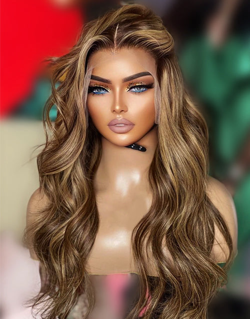 Carlin- 13X4 Highlight Honey Blonde Body Wave Human Hair Lace Front Wigs Real Lace