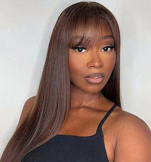 20"=18" Price Brown Straight Glueless Wig With Bangs 6x5 Pre Cut Lace