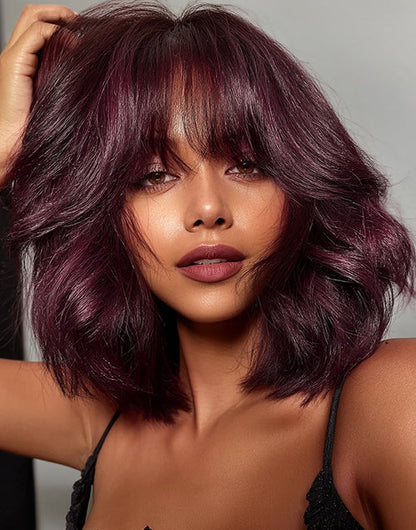 Pandora- Glueless Pull Go Wig 99J Red Wavy Short Blunt Cut Bob Style With Curtain Bangs For Women