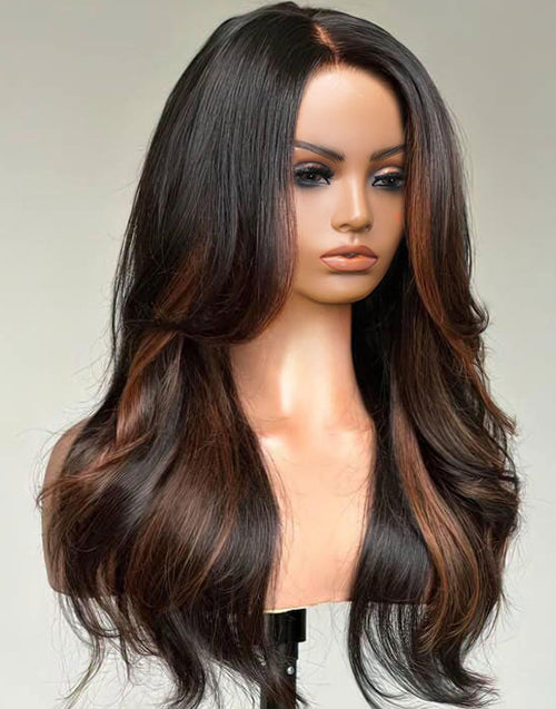 Thalia- Glueless Pull Go Wig Highlight Brown Layer Cut Wavy 13x5 Pre Everything Human Hair Wig