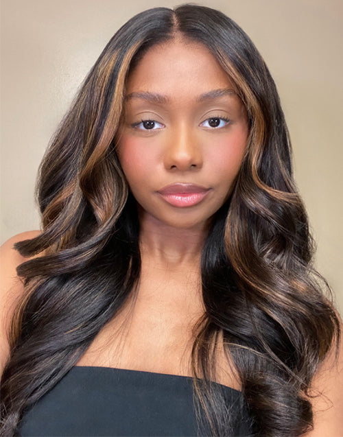 Clara- Brown Highlights Glueless Upgraded 13x5 Pre Cut HD Lace Frontal Body Wave Wig Black Roots Human Hair
