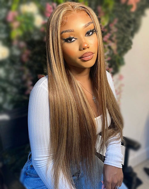 20" Highlight Honey Brown Straight 7x5 Pre Cut Lace Wigs