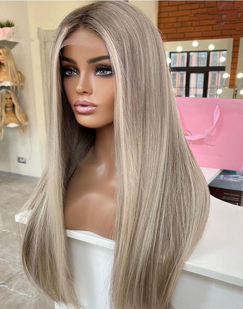 Aria-Glueless Highlight Ash Blonde With Grey Roots Ombre Colored Straight 13x4 Lace Frontal Wig