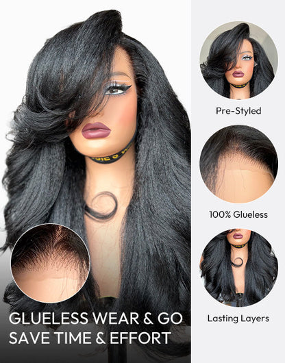 Seren- Glueless Pull Go Wig Layered Kinky Straight Wave Wig Side Bangs Pre Cut Lace Human Hair