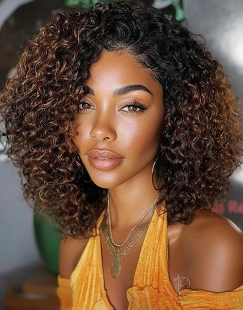 14" 16" Ombre Brown Curly Bob Layered Wig Glueless Wigs Pre Cut Lace