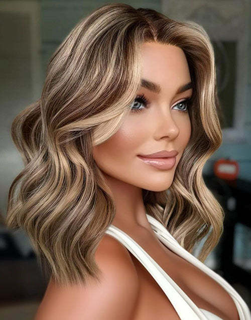 12" Balayage Brown And Blonde Wavy 13x4 Bob Glueless Wig