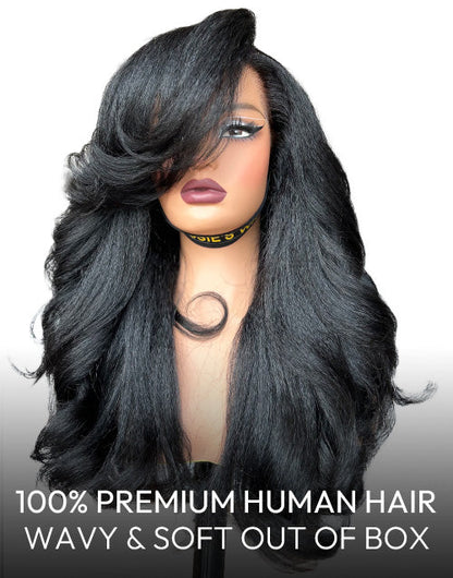 Seren- Glueless Pull Go Wig Layered Kinky Straight Wave Wig Side Bangs Pre Cut Lace Human Hair