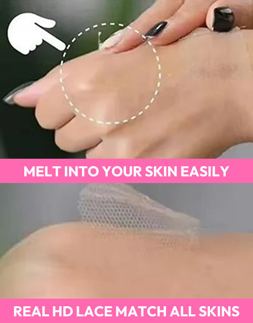 Product advertisement showing a close-up of skin with text about real HD lace match and ease of use.