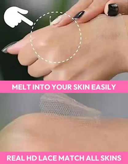 Product advertisement showing a close-up of skin with text about real HD lace match and ease of use.
