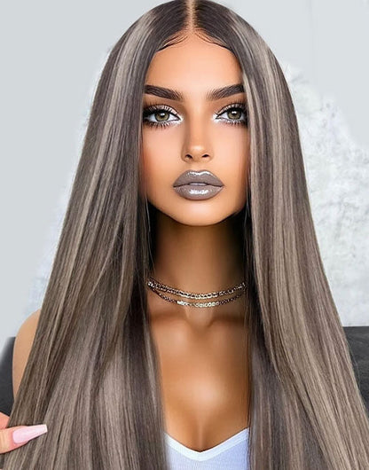 14"Ombre Highlight Ash Blonde Mixed Color Straight 13x4 Lace Wig