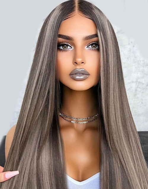 14"Ombre Highlight Ash Blonde Mixed Color Straight 13x4 Lace Wig
