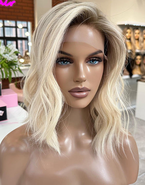 Samli-Stylish Ombre Blonde Short 13x6 Lace Bob Wavy Human Hair Wig With Dark Root