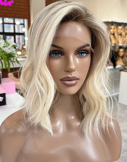 Samli-Stylish Ombre Blonde Short 13x6 Lace Bob Wavy Human Hair Wig With Dark Root