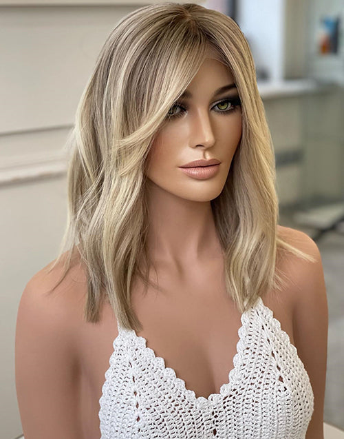 14" 16" Curtain Bangs Highlight Ombre Ash Blonde Wavy Bob Glueless Wig