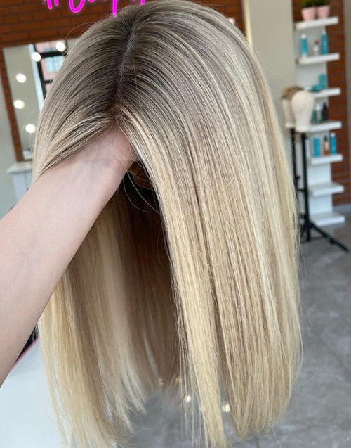 10"-16" Ombre Ash Blonde Straight Bob Glueless Wig Pre Cut Lace