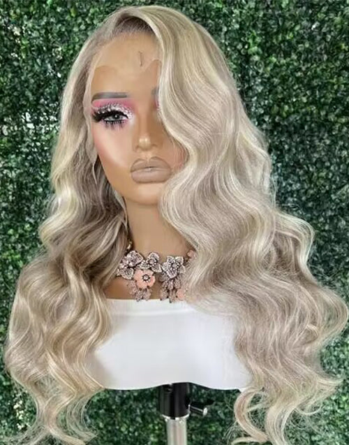 24" Mixed Ash Blonde Wavy 4x4 Lace Wig Glueless Wig Human Hair