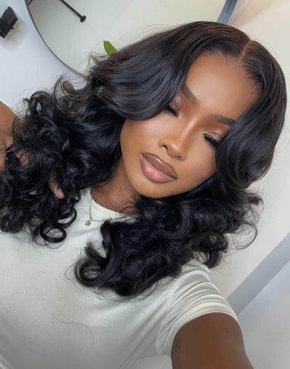 Dinah- Glueless Pull Go Face Framing Full Bouncy Wavy Human Hair Curtain Bangs Pre Cut Lace