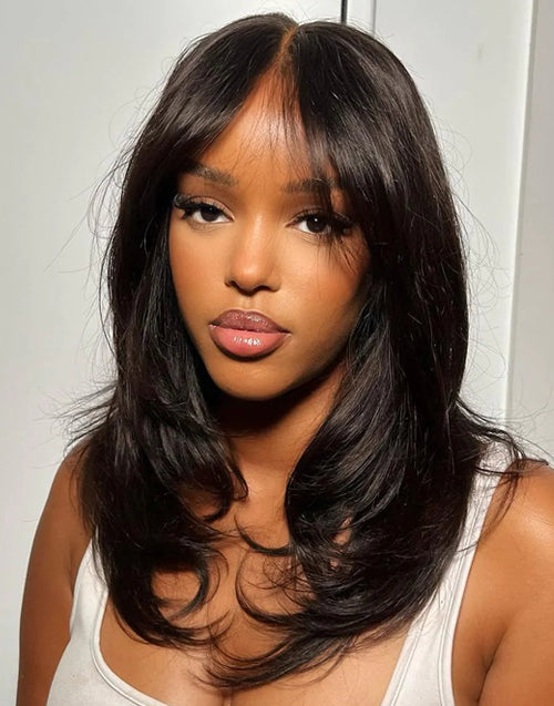 Carol- Pre Cut 9x6 Lace Wavy Layer Cut Glueless Wig With Curtain Bangs Human Hair