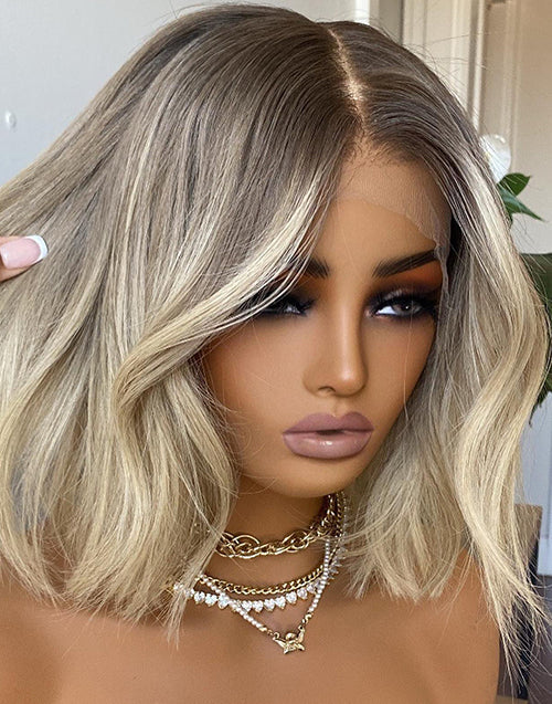 Mela-Ombre Ash Blonde Short 13x6 Lace Front Bob Wig With Ash Root Glueless Human Hair Wig