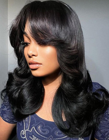 Thea- Curtain Bangs Wavy Layer Cut Glueless Wig Pre Cut Lace Human Hair