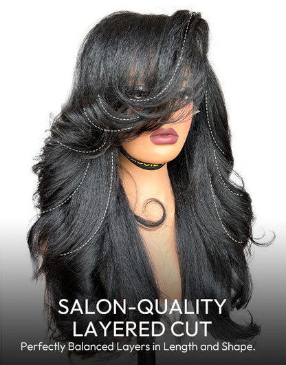 Seren- Glueless Pull Go Wig Layered Kinky Straight Wave Wig Side Bangs Pre Cut Lace Human Hair