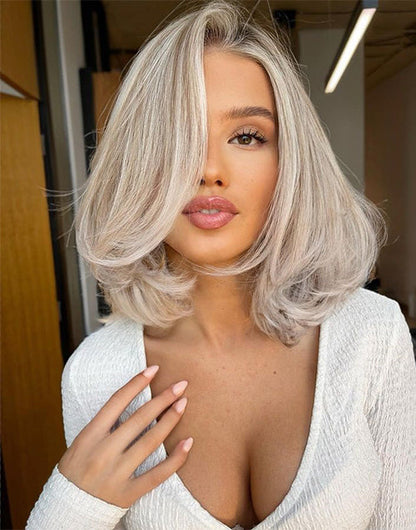 Lay-Layered Bob Natural Highlight Ash Blonde With Dark Roots Color Wig Collar bone length haircuts