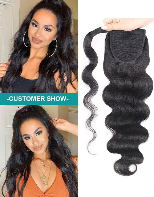 Body Wave Real Human Hair Ponytail Extension Wrap Around Long Clip in Wavy Ponytail Hair Extensions for Women