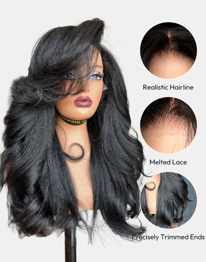 Seren- Glueless Pull Go Wig Layered Kinky Straight Wave Wig Side Bangs Pre Cut Lace Human Hair