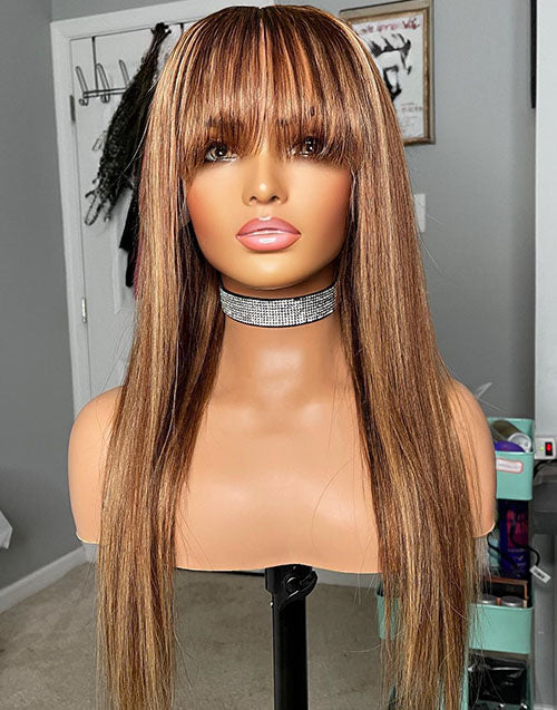 Doris- Highlight Brown Honey Blonde Straight Wig With Bangs Glueless Human Hair Wig With Fringe