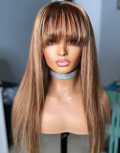 Doris- Highlight Brown Honey Blonde Straight Wig With Bangs Glueless Human Hair Wig With Fringe