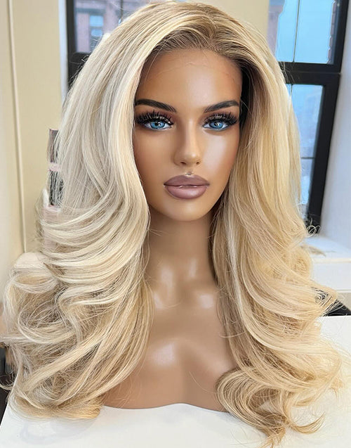 Wensy-Ombre Highlight Blonde Full Wavy 13x6 Lace Front Glueless Wig For Women Human Hair