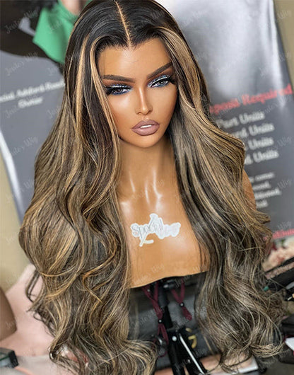 Eileen- Black With Honey Blonde Highlights Glueless Wavy 13x5 Pre Cut Lace Front Wig Piano Colored Human Hair Wig